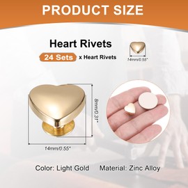 PATIKIL 14mm Heart Rivets, 24 Sets Leather Rivets Studs Rivets Double Cap Spikes Rivet for Leather Crafting for Decor Repair DIY Clothing Belts Bags Shoes, Light Gold