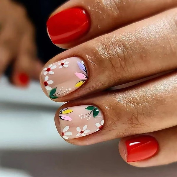 Flower Press On Nails Short Square Fake Nails Red Spring