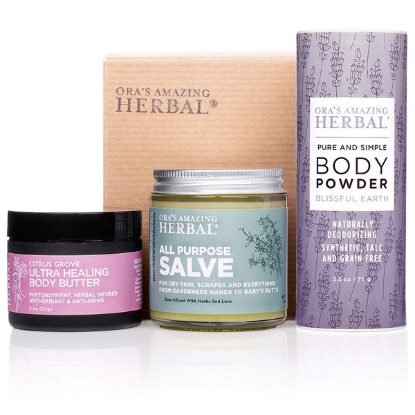 Natural Skin Care Gift, Aromatherapy for Relaxation, Luxury Natural Skincare, Herbal Salve, Ultra Healing Body Butter, and Talc Free Body Powder.