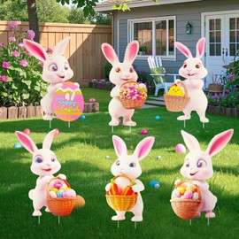 Heyigrow Easter Bunny Decorations Yard Signs Colorful Backdrop with Stakes 6 Pcs Cute Rabbits Eggs Basket in Lawns Garden Flowerpot