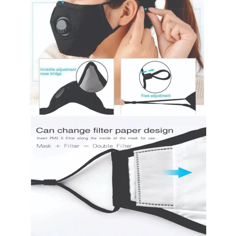 Healowa Cubre Bocas Lavable Válvula 4 Filtros Pm2.5 5 Capas