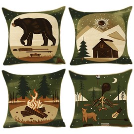 Best Gifts Set of 4 Throw Pillow Cover Bear Adventure Mountains Arrow Campfire Outdoor Forest Trees Camping Travel Cushion Case Double-Sided Plush Material Decorative Pillowcase 18"X18" (Green 1)