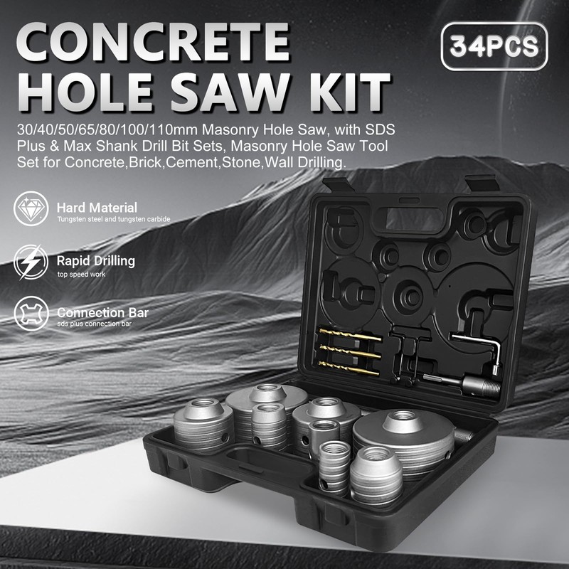34PCS Concrete Hole Saw Kit, 30-110mm Masonry Drill Bits with