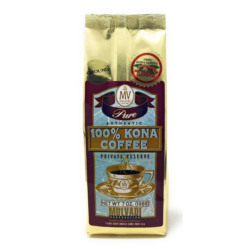 Mulvadi 100% Kona Coffee Private Reserve Ground 7 Ounces Resealable