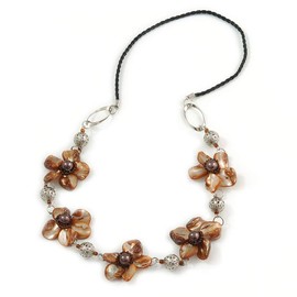 Avalaya Taupe/Brown Coloured Shell Floral Faux Leather Cord Long Necklace -76cm L