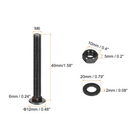 sourcing map M6x40mm Square Neck Carriage Bolts with Nuts & Washers, 50Set 304 Stainless Steel Round Head Square Neck Coach Bolt Screws, Black