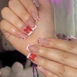 OHWODA Short Square Valentine’s Day Press on Nails Red Heart 3D Bow Fake Nails Glossy White French Tip Glue on Nails Valentines Acrylic False Nails Full Cover Stick on Nails for Women Finger Manicure