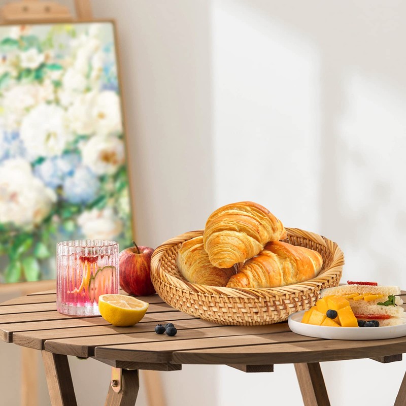 Whalehub Natural Rattan Round Fruit Basket Bowls, Hand Woven Decor