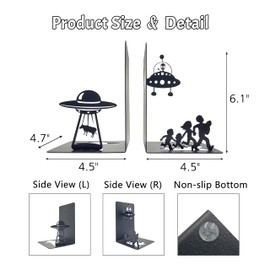 Alien Decor UFO Decor - Unique Bookends for Kids and Adults - Decorative Bookends for Shelves - Black Modern Bookends for Avid Readers - Fun Stylish Alien Gifts