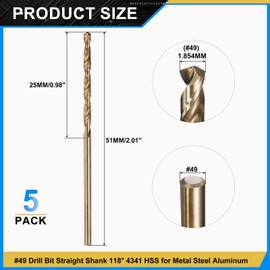 PATIKIL #49 Drill Bit, Micro Number Small Bits 4341 High-Speed Steel 118° Gold Finish for Soft Thin Metal Steel Wood Acrylic - 5 Pack