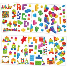Qpout 10 Pieces Building Block Temporary Tattoos for Children, Colourful Building Blocks Birthday Party Supplies Decorations Tattoos Stickers for Boys Girls Gifts Classroom School Prizes Favours