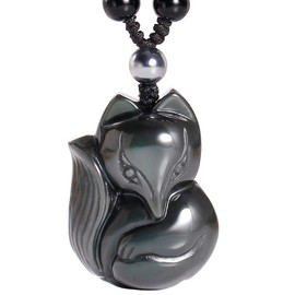 Jewboo Obsidian Lucky Fox Necklace Natural Stone Healing Crystal Pendant Protection Amulet Talisman Gemstones, Stone, Obsidian