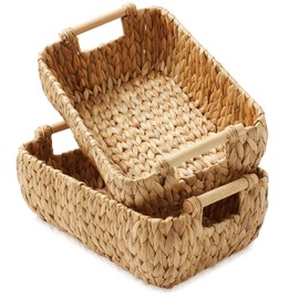 Casafield Set of 2 Water Hyacinth Oval Storage Baskets with Wooden Handles - Medium, Woven Bin Organizers