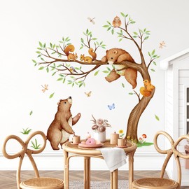 Jungle Animals Wall Decals Cute Brown Bear Green Tree Squirrel Butterfly Safari Wall Stickers Living Room Kids Bedroom Baby Nursery Playroom Wall Decor