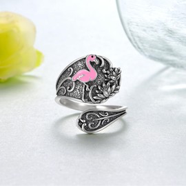 qielizhu Spoon Rings for Women 925 Sterling Silver Hummingbird/Butterfly/Bee/Red Cardinal/Pink Flamingo Adjustable Thumb Rings Vintage Boho Antique Jewelry Gifts (Flamingo Ring)