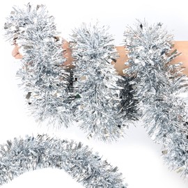 50FT Silver Christmas Tinsel Garland Metallic Twist Shiny Garland for Christmas Tree Decorations, Xmas Holiday Hanging Garland for Home Mantle Stair Indoor Outdoor Christmas Party Supplies Decor