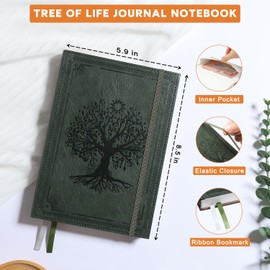 Leather Journal Notebook A5 Notepad Paper, 280 Pages Mens Journal College Ruled for Writing Work, 100GSM Hard Cover Notebooks Journaling for Women, 5.9" x 8.5" Lined with Index Stickers (Green Tree)