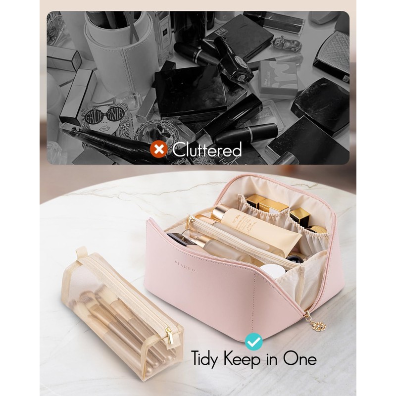 Vlando Travel Makeup Bag,Toiletry Bag for Women PU Leather Open