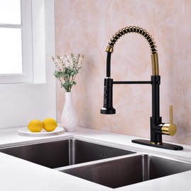 Pirooso Commercial Single Handle Spring Kitchen Sink Faucet, Lead Solid Brass Kitchen Faucet with Three Function Pull Down Sprayhead, Black + Gold Brushed Nickel