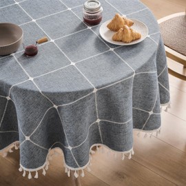 ZeeMart Boho Grid Table Cloth with Tassels (Blue Ashes, 60" Round), Heavy Weight Linen Checked Embroidered Farmhouse Tablecloth, Water Resistant Round Blue Grey Tablecloths