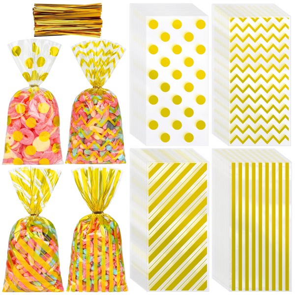 Aodaer 100 Pieces Gold Cellophane Bags Plastic Candy Bags Cellophane Treat Bags Polka Dot Stripes Printed Pattern Goodie Gift Bags with Twist Ties for Birthday, Baby Showers, Weddings Party Supplies