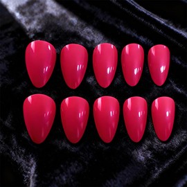 Rose Red Press on Nails Short Almond Shape Fake Nails Glossy Full Cover Acrylic Glue on Nail Solid Color False Nails Reusable Artificial Nails Holiday Daily Manicure for Women Girls 24Pcs