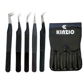 KINZO Lash Tweezers for Eyelash Extensions Tweezers Set of 5, Japanese Stainless Steel, Straight Curved 45 90 Degree Volume Eyelash Tweezers (Balck, 5 pcs Set)