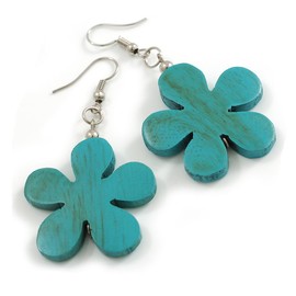 Turquoise Wood Flower Drop Earrings/60mm Long