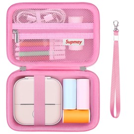 Supmay Hard Travel Case for T02 Mini Printer Sticker Printer, Wireless Mini Sticker Printer Machine Storage Holder Protection Case with Zipper Mesh Pocket fit Thermal Paper, Charging Cable, Pink