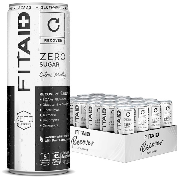 FITAID Zero, 5 Calorie, #1 Post-Workout Recovery Drink, Sugar Free, Keto Diet, BCAAs, Quercetin, Glucosamine, Omega-3s, Green Tea, No Artificial Sweeteners, 12-Oz. Can (Pack Of 24)
