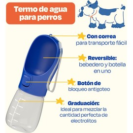 Botella de Agua Portátil para Perros 250ml. Termo para Perro Portatil Anti goteo, Ideal para Paseos, Viajes y Climas Cálidos, con Correa para transportarlo. Accesorio de hidratación para Mascotas