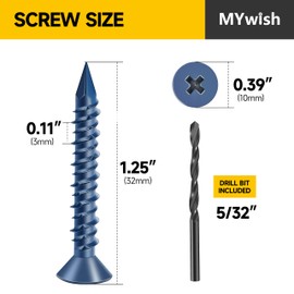 Mywish 100Pcs Concrete Screws 3/16 x 1-1/4 Masonry Screws Anchor with Drill Bit, Flat Phillips Head Self Tapping Stucco Screws, Cement Screws for Anchoring to Masonry Concrete Block Brick Stucco