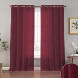 Melodieux Burgundy Linen Textured Semi Sheer Curtains 96 Inches Long for Living Room Bedroom Rustic Flax Linen Grommet Voile Drapes, 52 by 96 Inch (2 Panels)