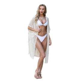 Womens Hollow Out Cardigan Open Front Belted Beachwear Cover Up Batwing Sleeve CrochetSwimsuit Coverups for Summer