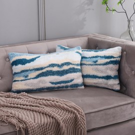WOKANI Lumbar Throw Pillow Covers 12x20 Set of 2 Teal Blue Fur Decorative Faux Fluffy Plush Sherpa Water Ripple Cushion Covers Decorative Boho Modern Home Aesthetic Decor Winter for Couch Sofa Bed ,Navy Beige White