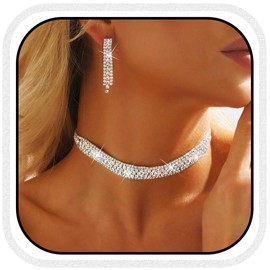 Yean Bridal Choker Necklace Silver Rhinestone Wedding Choker Jewelry Sets Crystal Necklace and Earring Sets for Women (Silver)