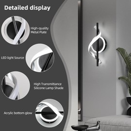 LED Wall Sconces Indoor, 12W LED Wall Mount Lights, Modern Spiral Wall Lamp, Bedside Wall Lamps, 6000K Cold Wall Light Fixture for Stairs, Living Room, Bedroom, Aisle, Hallway (Cold White, Black)