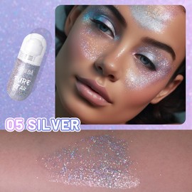 DAGEDA Body Glitter Gel, Roll-on Holographic Hair Glitter for Body Face Hair, Color Changing Face Glitter Under Light, Mermaid Body Shimmer Glitter Makeup for Festival Rave Party(Silver)