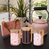 3 Set Pink Sugar Jars with Bamboo Lid and Spoon