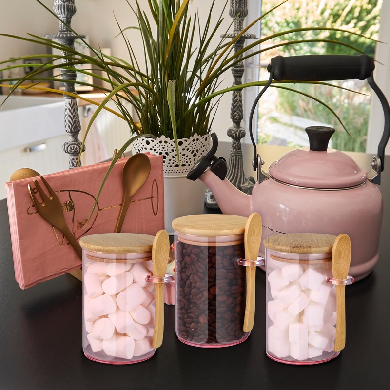 3 Set Pink Sugar Jars with Bamboo Lid and Spoon
