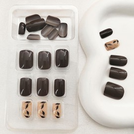 Short Press on Nails Square Fake Nails Press ons with Leaf Designs Brown Full Cover Acrylic Nails Gold Glitter Glue on Nails Glossy & Simple Artificial False Nails for Women 24 Pcs