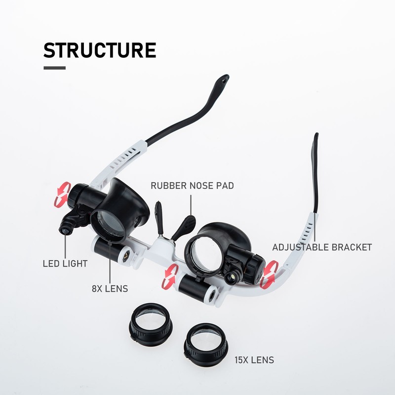 Loupe Magnifier Glasses Head Mount with LED Light Adjustable Glasses