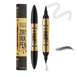 Brow pen, microblade eyebrow pen, 2-in-1, Magic 4 tip eyebrow pencil, With Dual-ended Eyebrow Brush, Waterproof eyebrow pen, Brow pencil with hair like strokes, Natural brows, Gray