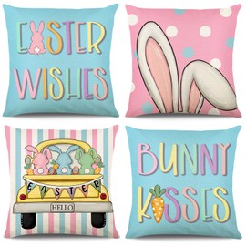 KIKISML Pack of 4 Easter Cushion Covers, Cotton Linen Print, Easter Decorative Cushion Covers, 45 x 45 cm, Easter Cushion Covers, Happy Easter Decorative Cushion Cover, Sofa Cushion, Easter Decoration