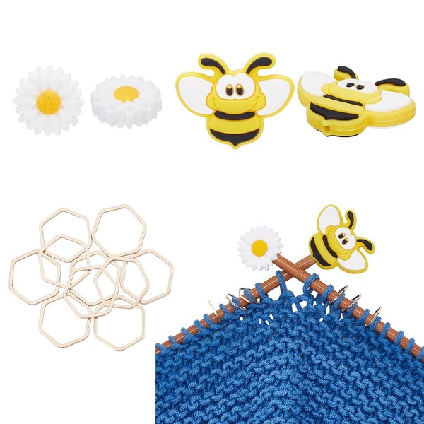 BENECREAT 14-Piece Number Marker, Bee & Daisy Needle Cap, Brass Hexagonal Knitting Stitching Maker Ring, Knitting Needle Stopper, Knitting Maker, Knitting Tool, Storage Case Included, Portable and Convenient