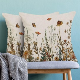 Fall Floral Pillow Covers 18x18 Inch Set of 2, Thanksgiving Harvest Botanical Plant Herbs Decorative Throw Pillowcase Seasonal Autumn Flowers Cushion Cover for Sofa Couch Living Room Bed Decor