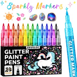 SRUOLOC Glitter Markers Pens, 24 Colors Glitter Paint Pens Set Acrylic Sparkle Markers Teen Art Supplies for Scrapbooking, Cards, DIY Crafts, Adults Coloring, Extra-Fine Tip 0.7mm