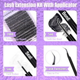 DAODER Thick Lash Extension Kit 200D Fluffy Cluster Eyelash Extensions 14-20MM Long Volume Lash Clusters Kit D Curl with Lash Bond and Seal Waterproof (200D Lash Cluster Kit 14-20MM)