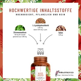 NATURTREU® Kussmund L-Lysine Complex with Lemon Balm and Selenium - 90 High Dose L-Lysine Capsules (1000 mg Pure L-Lysine) - Vegan & Laboratory Tested