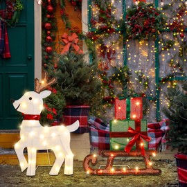 Joliyoou Christmas Yard Decoration, 50LEDs Pre-lit Warm White Light Up Reindeer & Gift Sled Standing Ornament, 2D Lighted Holiday Display for Xmas Front Door Indoor Outdoor Decor